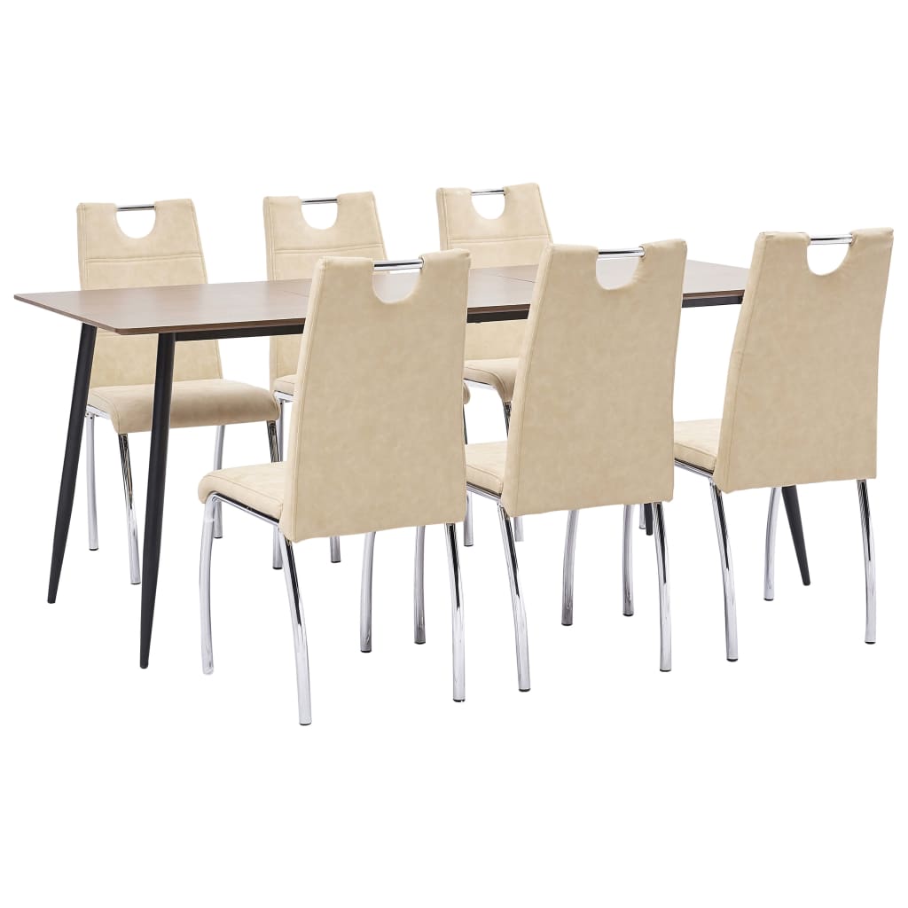 Set 7 piese masa cu scaune bucatarie, vidaXL, Piele artificiala/MDF/Otel, 180 x 90 x 75 cm, Crem/Maro inchis