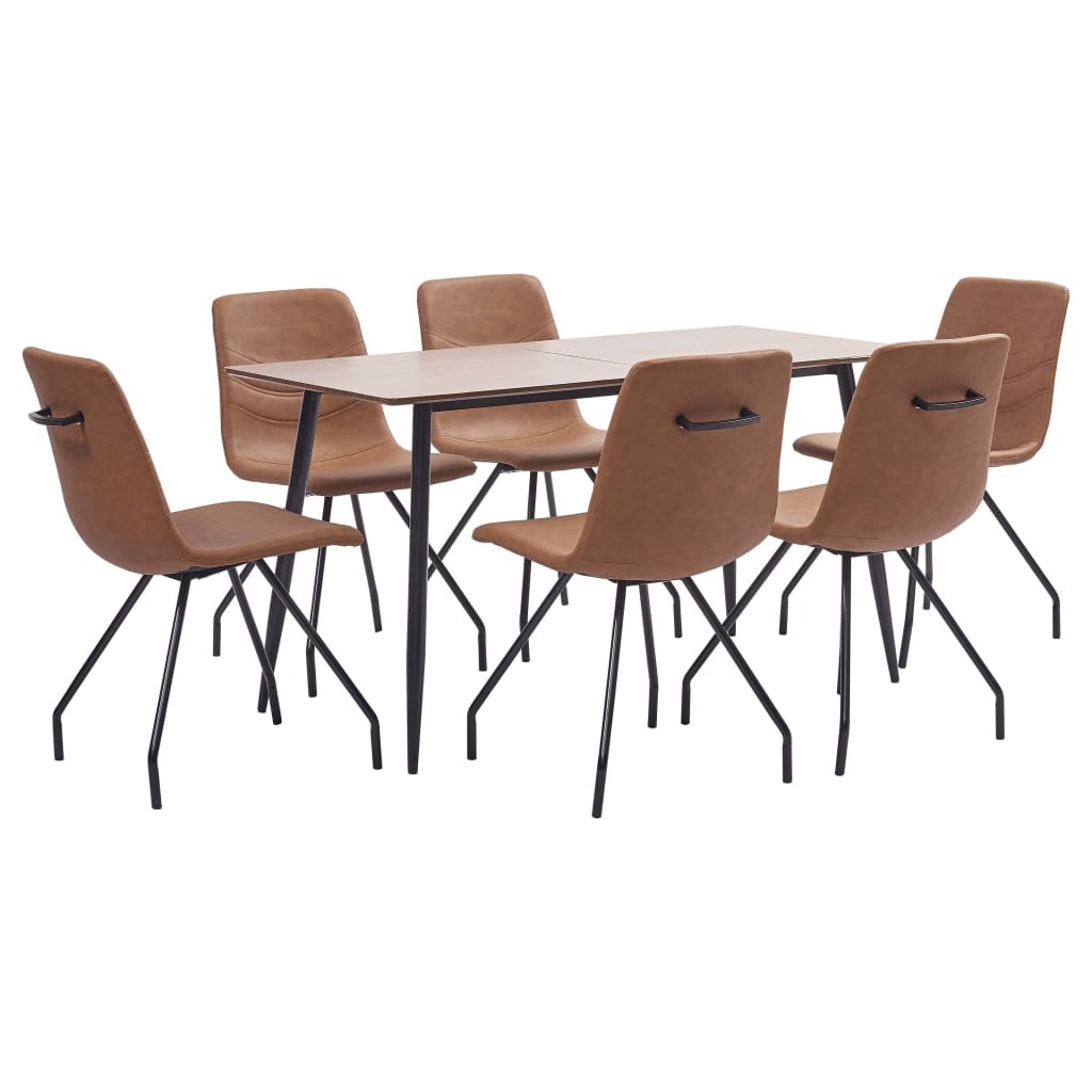 Set de 7 piese masa cu 6 scaune de bucatarie, vidaXL, Piele ecologica/MDF/Otel, 140 x 70 x 75 cm, Maro mat