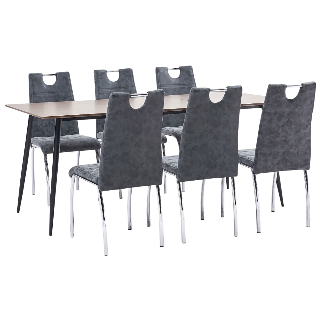 Set 7 piese masa cu scaune bucatarie, vidaXL, Piele artificiala/MDF/Otel, 180 x 90 x 75 cm, Negru/Maro inchis