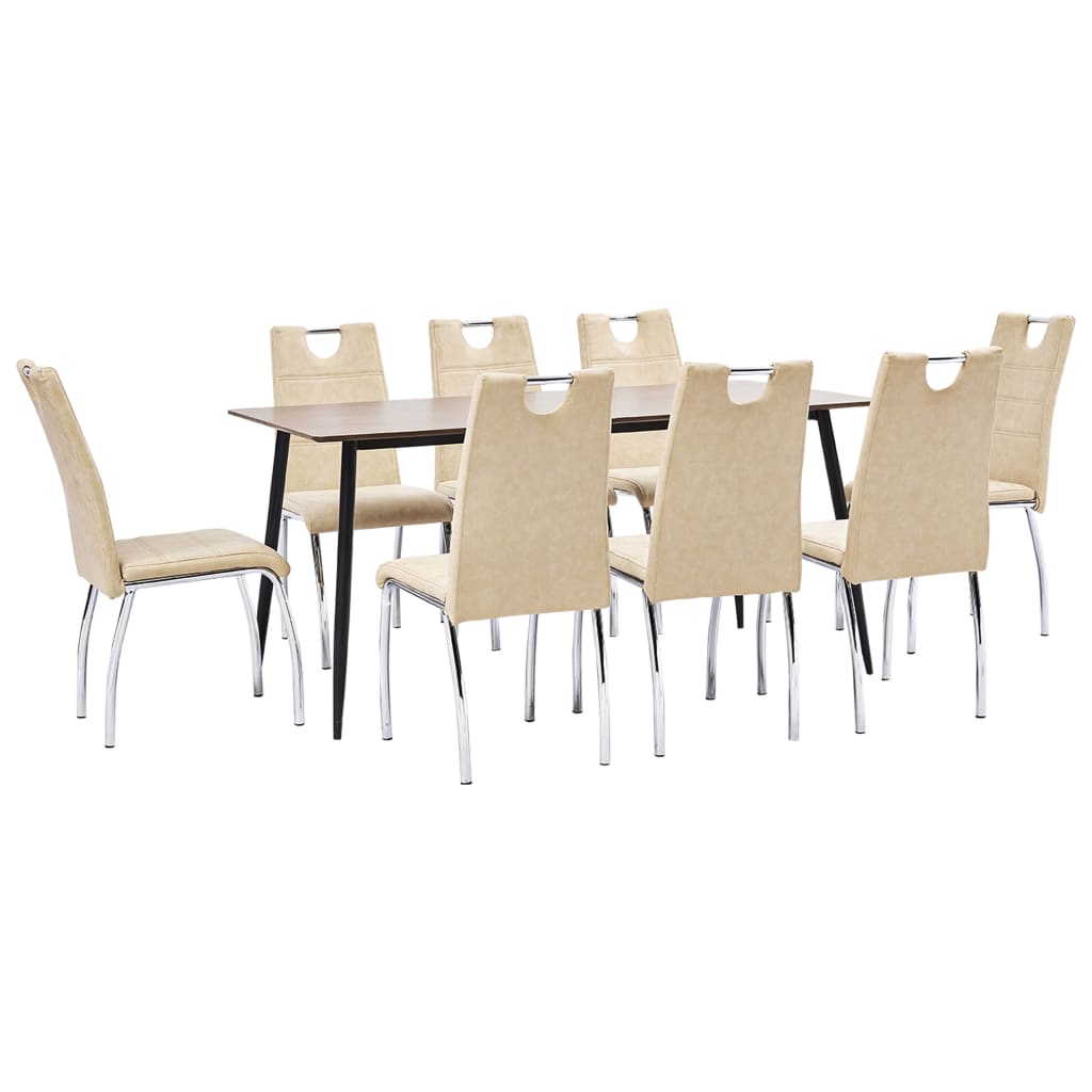 Set 9 piese masa cu scaune bucatarie, vidaXL, Piele artificiala/MDF/Otel, 160 x 80 x 75 cm, Crem/Maro inchis