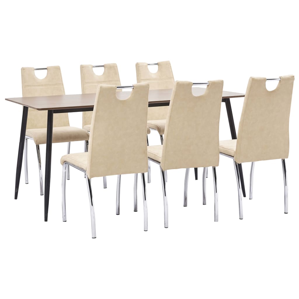 Set 7 piese masa cu scaune bucatarie, vidaXL, Piele artificiala/MDF/Otel, 160 x 80 x 75 cm, Crem/Maro inchis