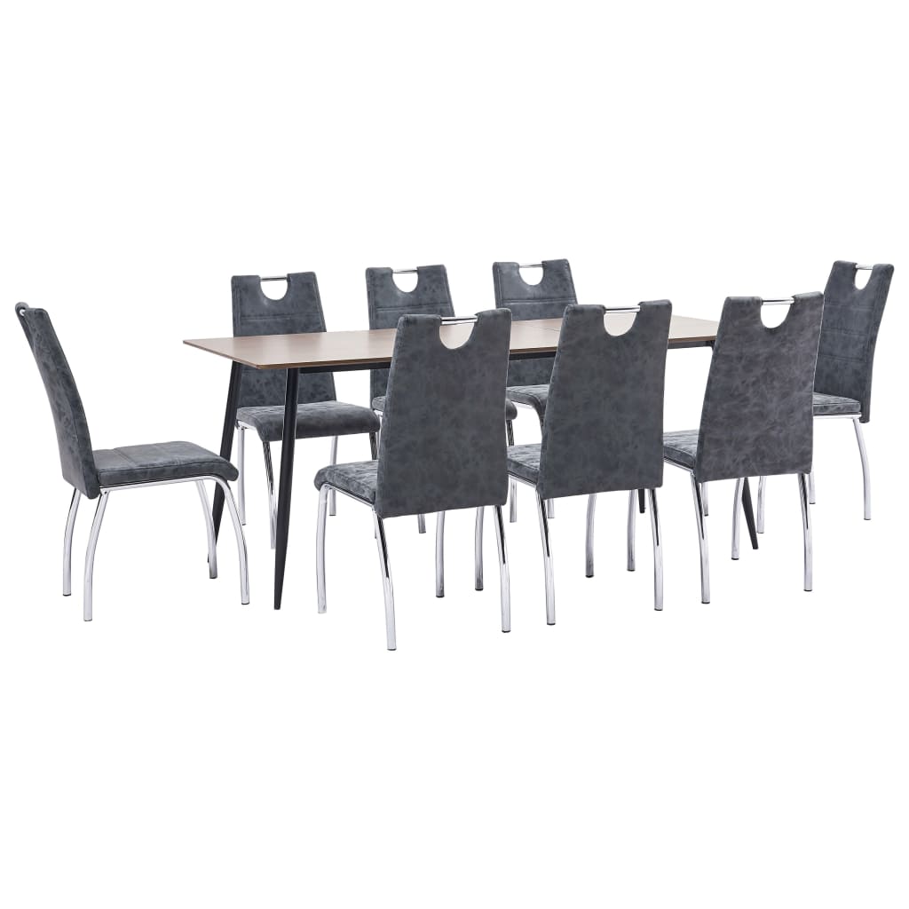 Set 9 piese masa cu scaune bucatarie, vidaXL, Piele artificiala/MDF/Otel, 180 x 90 x 75 cm, Negru/Maro inchis