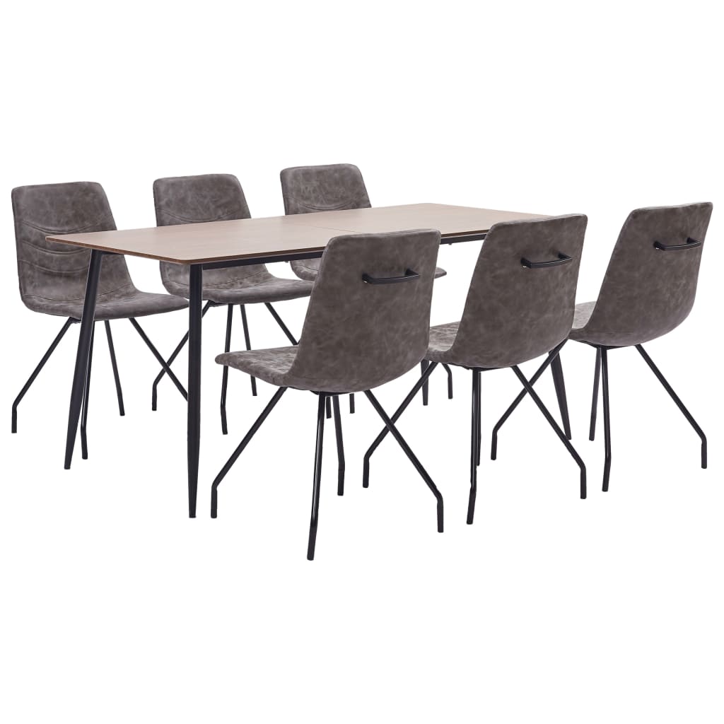 Set de 7 piese masa cu 6 scaune de bucatarie, vidaXL, Piele ecologica/MDF/Otel, 160 x 80 x 75 cm, Maro
