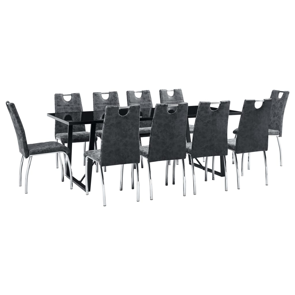 Set 11 piese masa cu 10 scaune de bucatarie, vidaXL, Sticla securizata/Piele artificiala/Otel, 200 x 100 x 75 cm, Negru