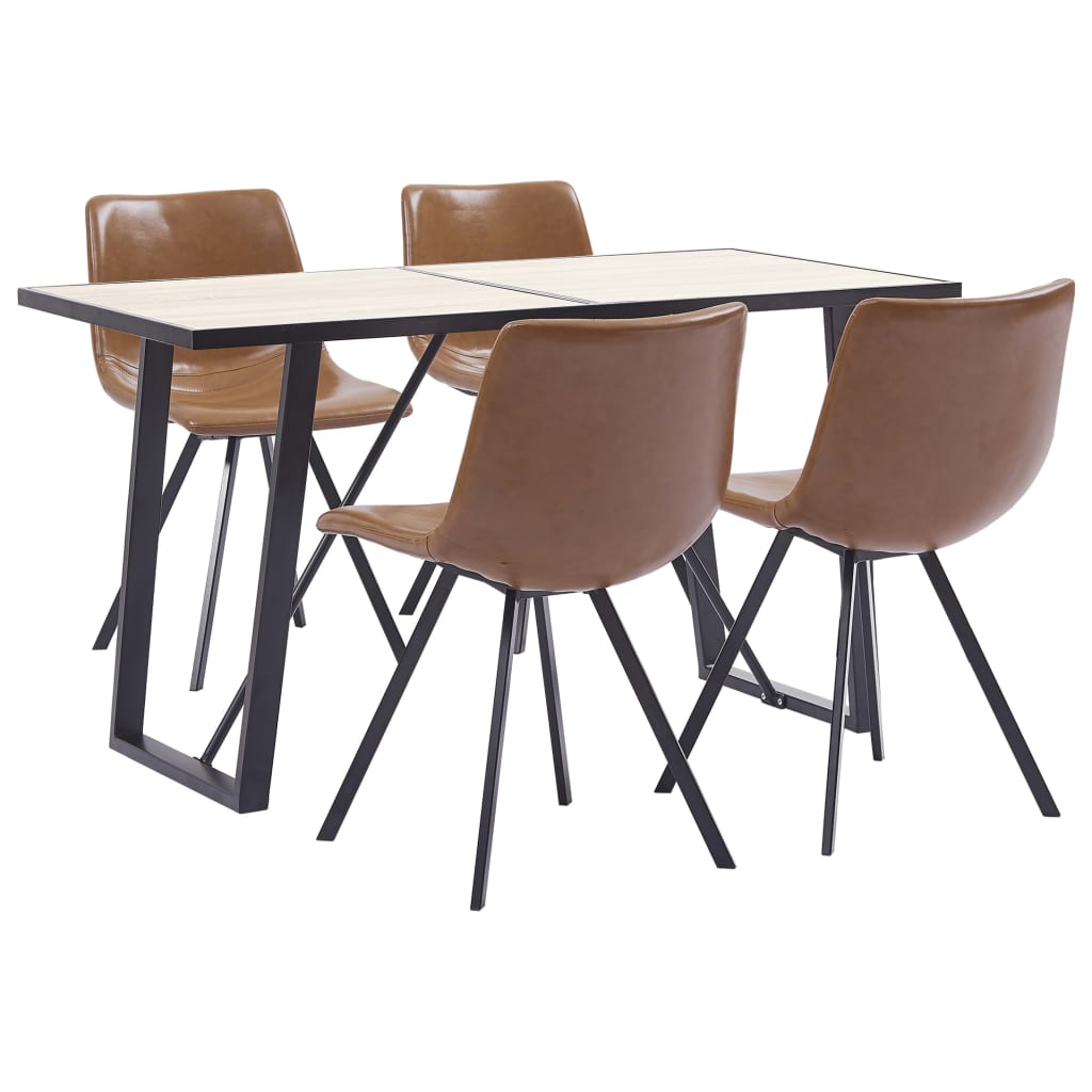 Set de 5 piese masa cu 4 scaune de bucatarie, vidaXL, Piele ecologica/Lemn stejar si MDF/Otel, 140 x 70 x 75cm, Maro lucios