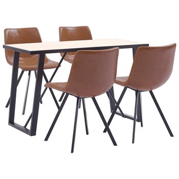 Set de 5 piese masa cu 4 scaune de bucatarie, vidaXL, Piele ecologica/Lemn stejar/Metal, 120 x 60 x 75 cm, Maro lucios Set de 5 piese masa cu 4 scaune de bucatarie, vidaXL, Piele ecologica/Lemn stejar/Metal, 120 x 60 x 75 cm, Maro lucios