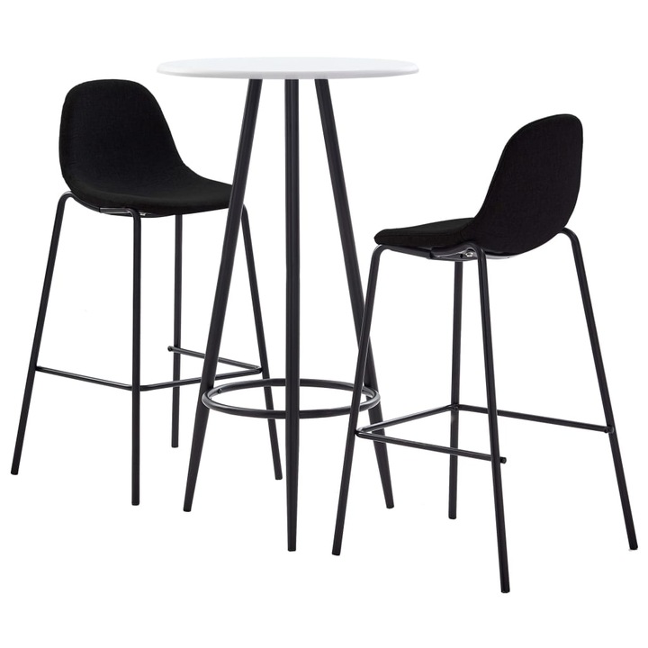 Set mobilier de bar cu masa rotunda cu blat alb si 2 scaune tapitate inalte, vidaXL, Tesatura, 60 x 107.5 cm, Negru