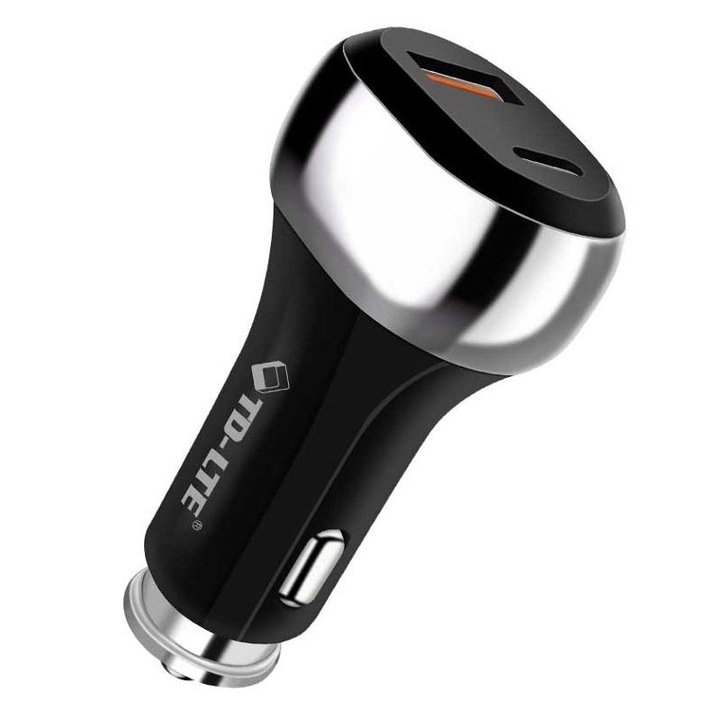 Incarcator auto TD-LTE cu Power Delivery (PD) Charger, 1 port USB-C + 1 port USB-A - NEGRU