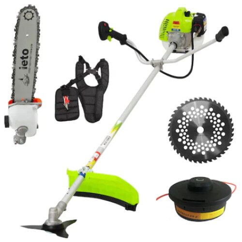 Set 5 accesorii Motocoasa + Accesoriu lama drujba, Disc vidia, Disc 3T, Tambur cu fir, Ham umeri, Motocoasa MF Verde 3,4Cp,43cc,9000rpm