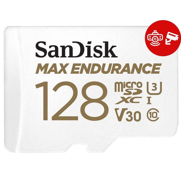 Card de memorie SanDisk micro SD Max Endurance Video 128 GB, Class 10, V30, UHS-I U3 + adaptor