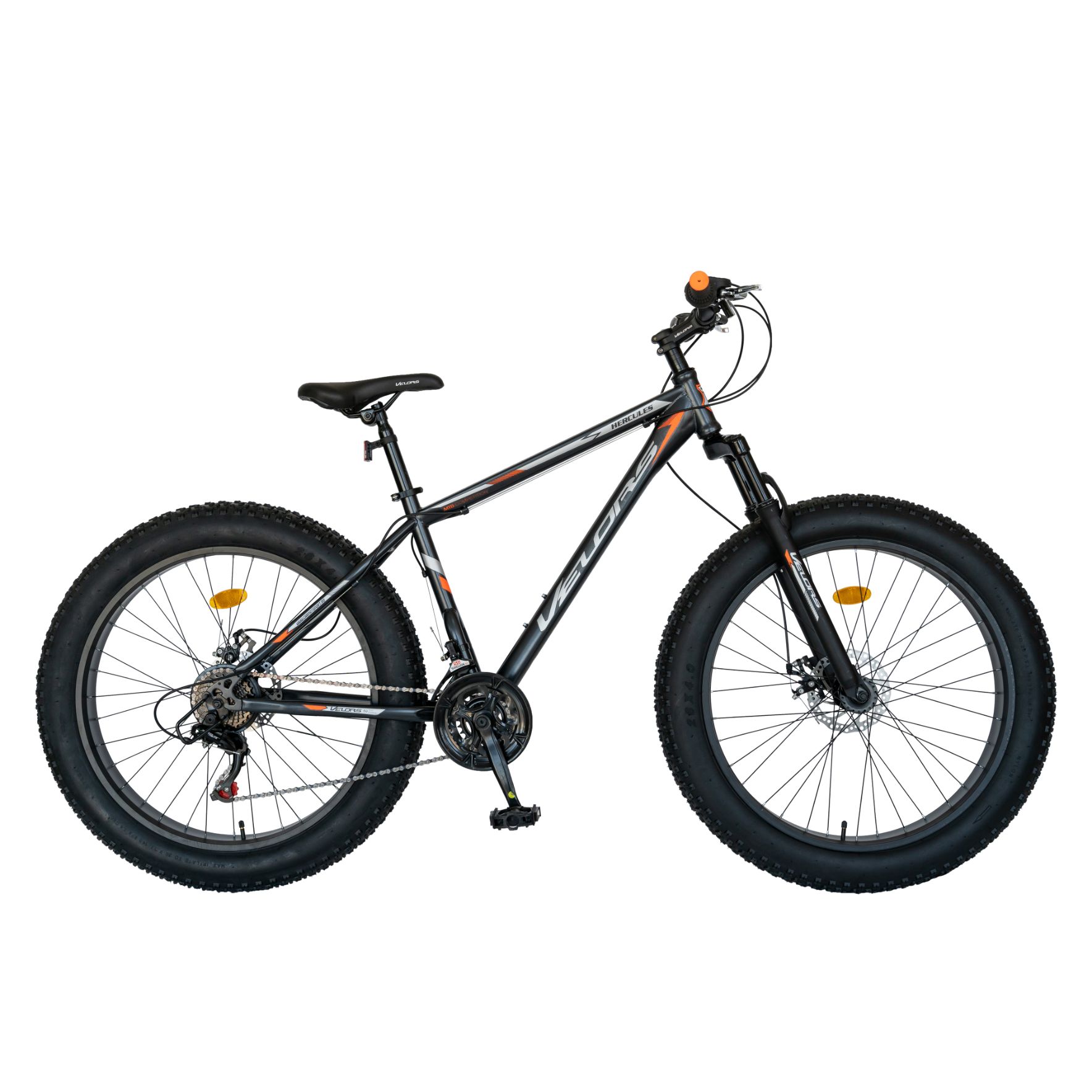 Bicicleta MTB-Fat Bike, Shimano Revoshift Tourney 21 Viteze, Roti 26 Inch, Frane Mecanice Disc, Velors CSV26/19B, Cadru Gri cu Design Portocaliu