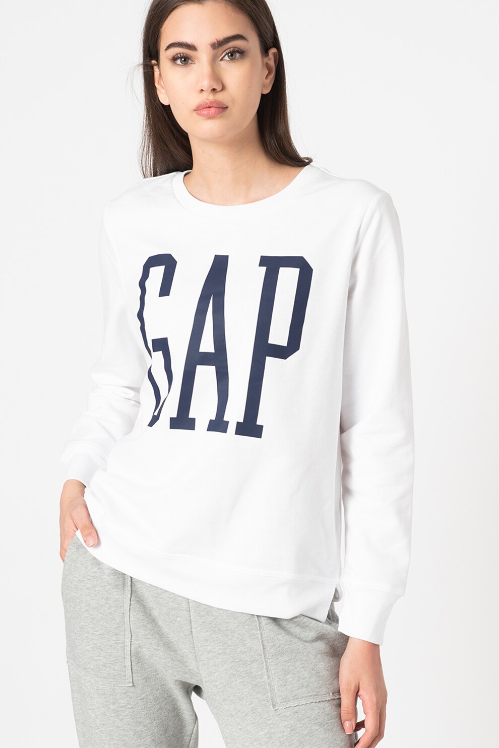 GAP, Bluza sport cu imprimeu logo si decolteu la baza gatului, Alb