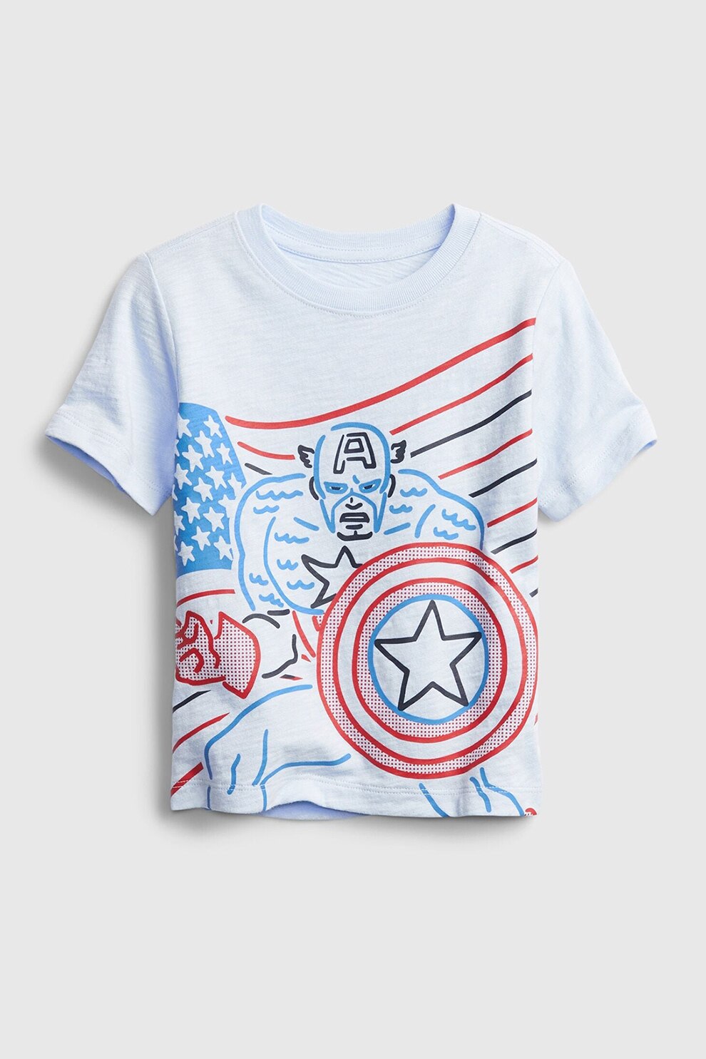 GAP, Tricou cu decolteu la baza gatului si imprimeu Marvel, Albastru pastel/Rosu