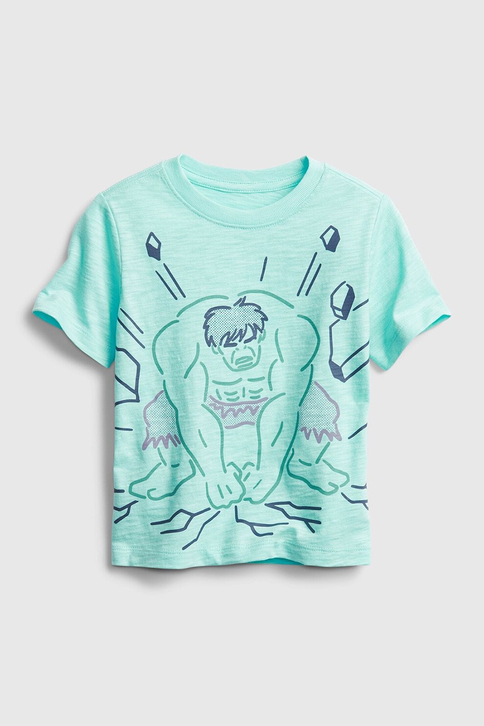 GAP, Tricou cu decolteu la baza gatului si imprimeu Marvel, Verde menta/Bleumarin