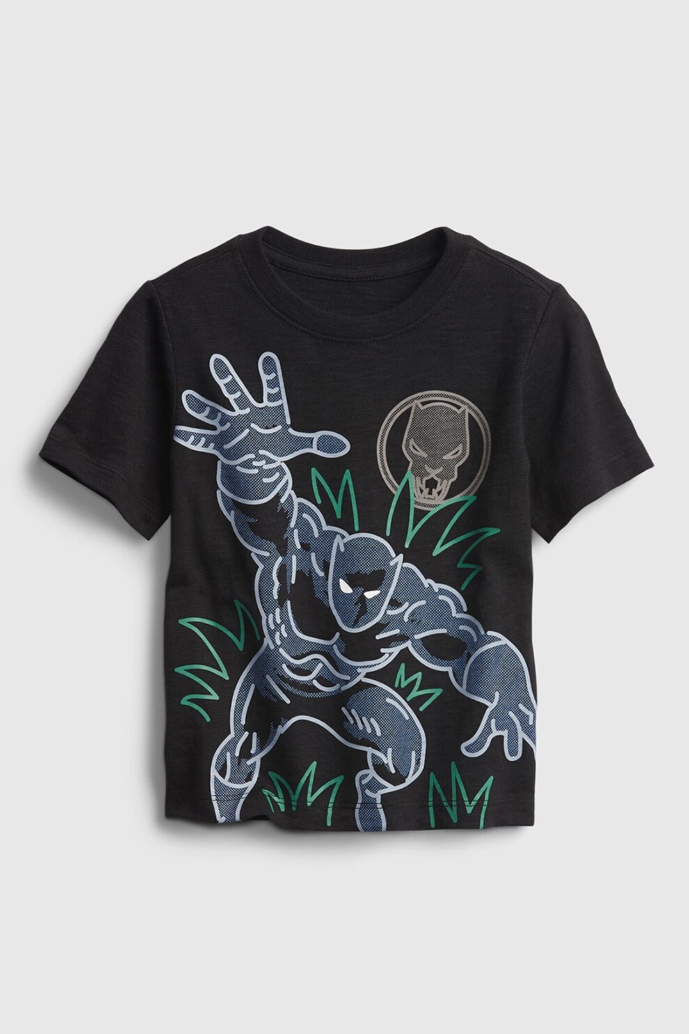 GAP, Tricou cu decolteu la baza gatului si imprimeu Marvel, Negru/Albastru/Verde