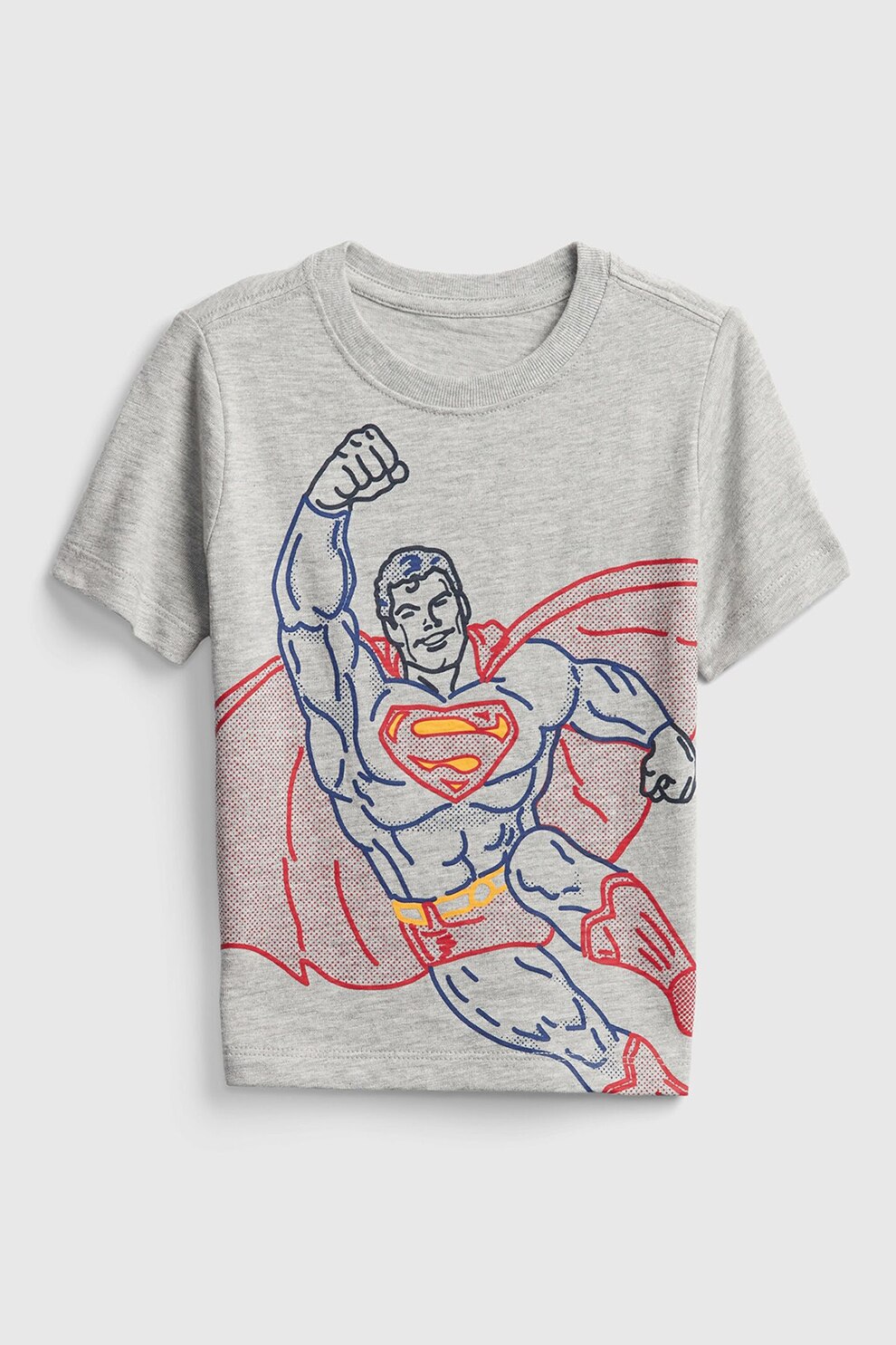 GAP, Tricou cu decolteu la baza gatului si imprimeu grafic, Gri melange/Bleumarin/Rosu