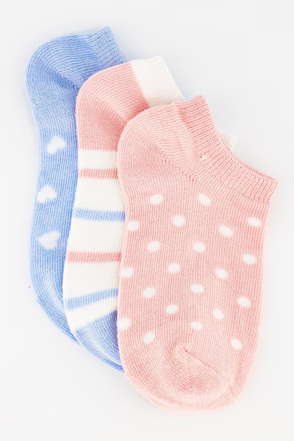 GAP, Set 3 perechi de sosete scurte, unisex, cu dungi, buline si inimioare, Multicolor