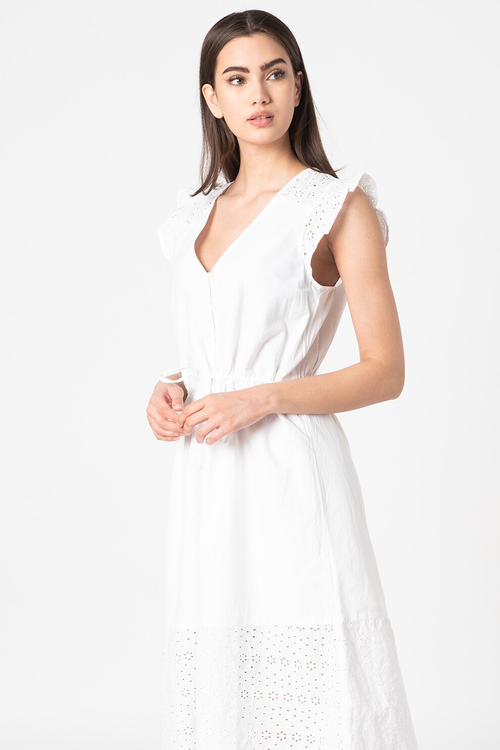 GAP, Rochie midi cu decolteu in V si model cu perforatii, Alb