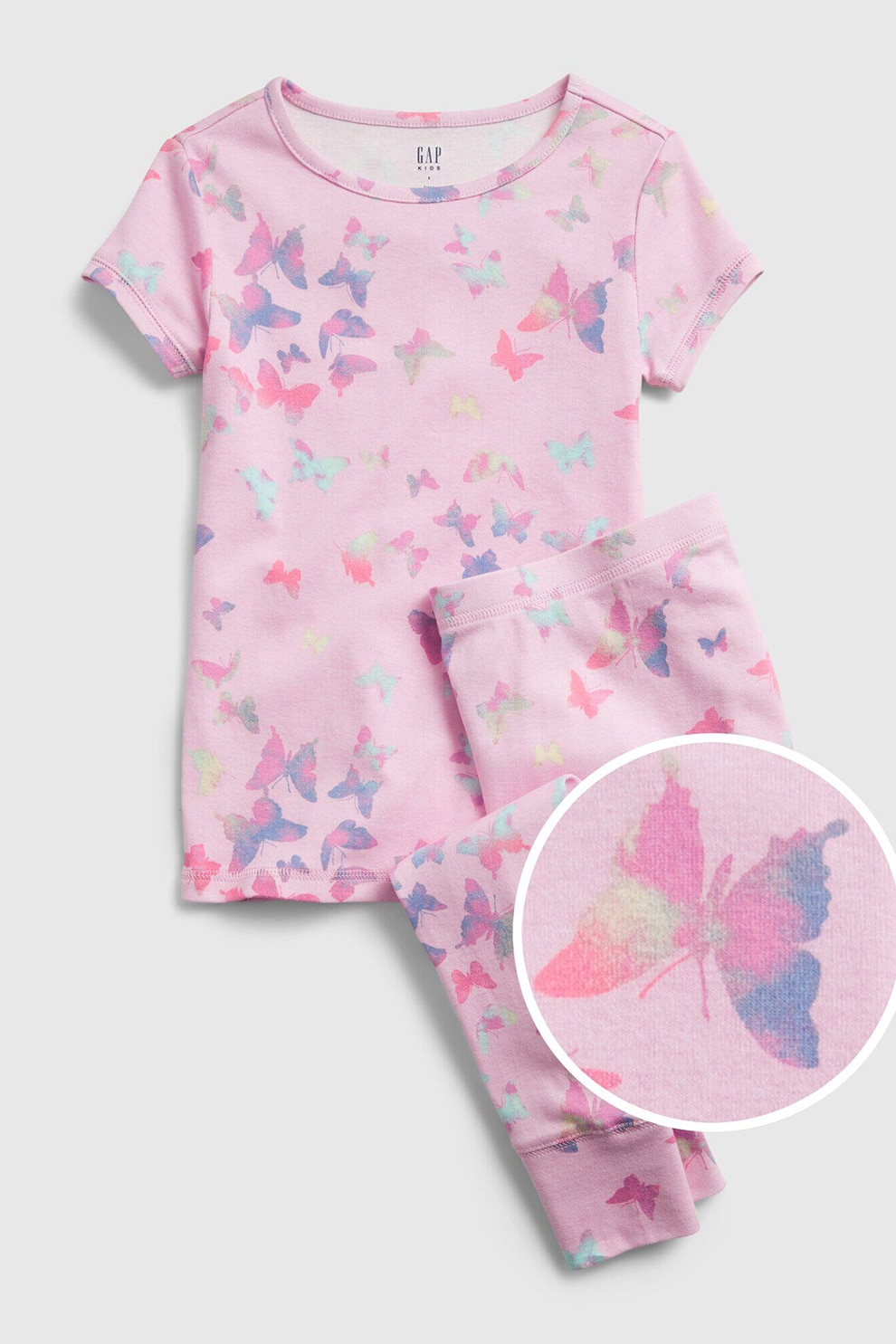 GAP, Set de pantaloni scurti si tricou cu imprimeu flutur, 2 piese, fete, Roz/Albastru/Violet, Roz/Albastru aqua/Violet