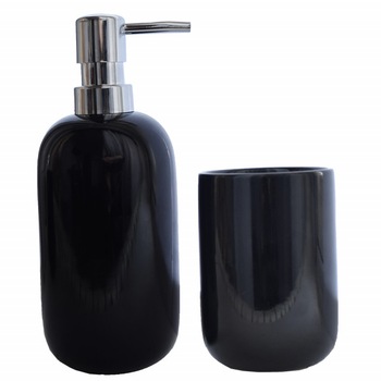 Set dispenser Pufo Exclusive pentru sapun lichid si suport periuta de dinti, 2 piese, ceramica, negru Set dispenser Pufo Exclusive pentru sapun lichid si suport periuta de dinti, 2 piese, ceramica, negru