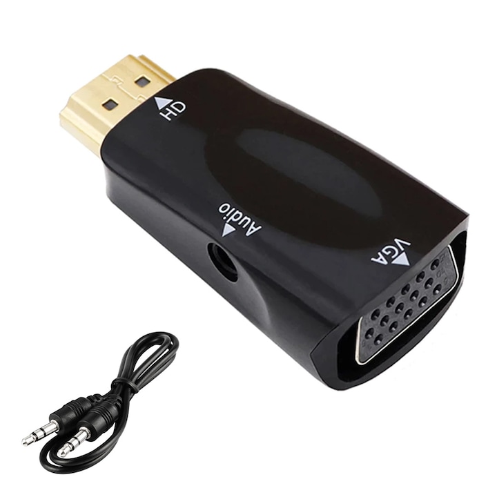 TechONE, HDMI - VGA adapter, Egyirányú, Aranyozott csatlakozó, 15 cm-es kábel, Fekete