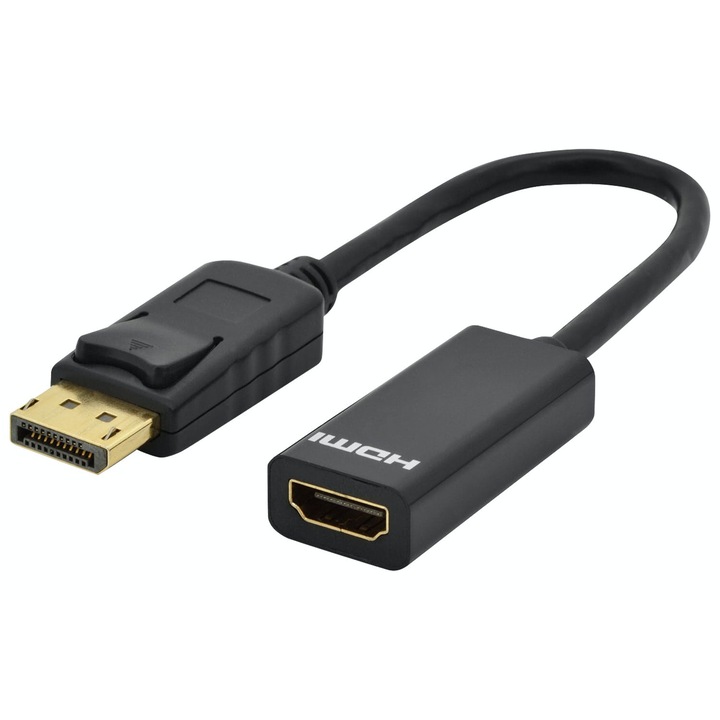Адаптер DP (Display Port) към HDMI TechONE™, порт Male-Mother, 4K UHD, еднопосочен, златен щепсел, кабел 15 см, черен