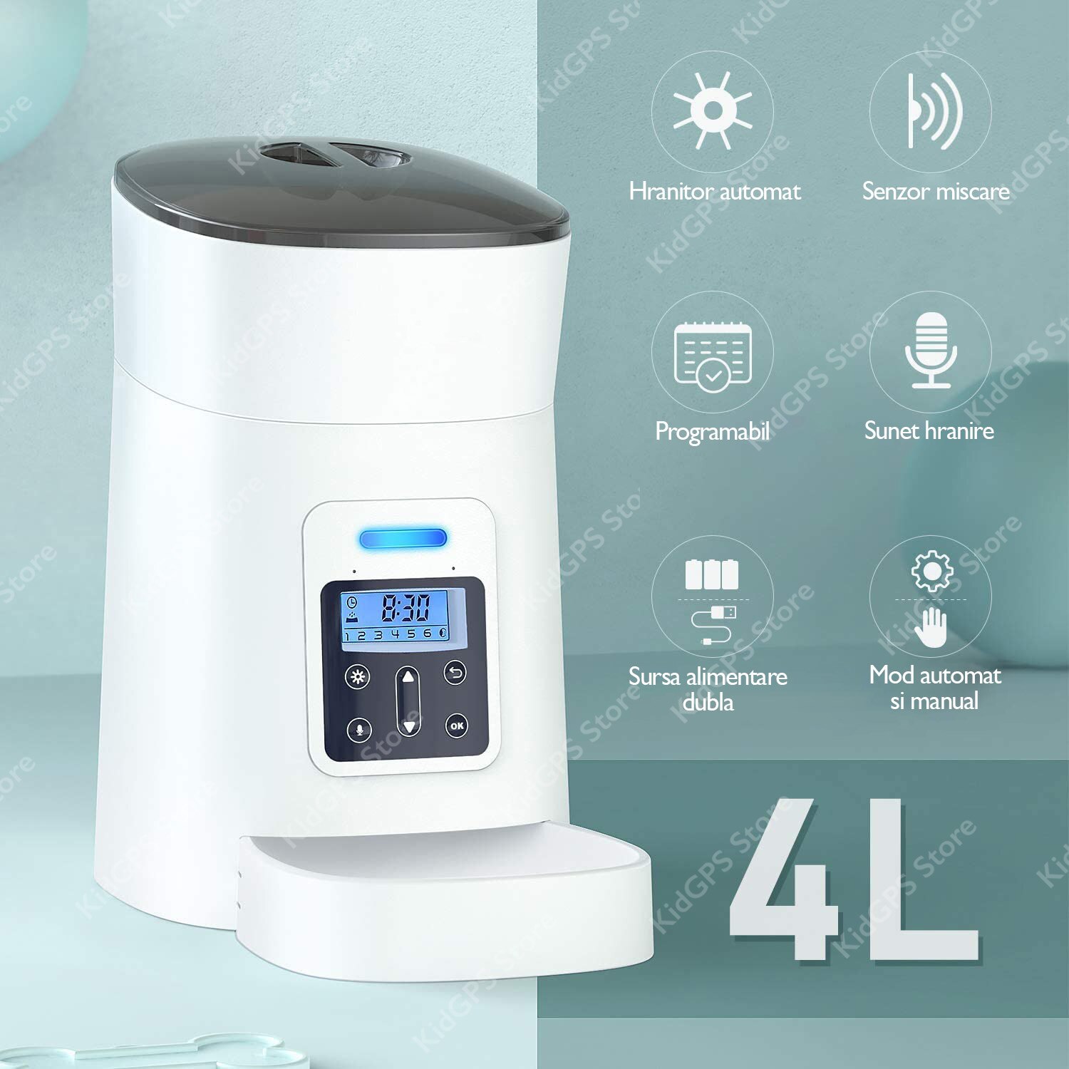 Hranitor automat Grunluft® PP002, pentru caini sau pisici, functie adapator, sunet hranire, programabil, sursa alimentare dubla, alb