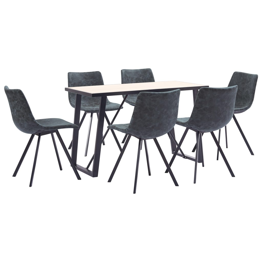 Set de 7 piese masa cu 6 scaune de bucatarie, vidaXL, Piele ecologica/Lemn stejar/Metal, 120 x 60 x 75 cm, Negru