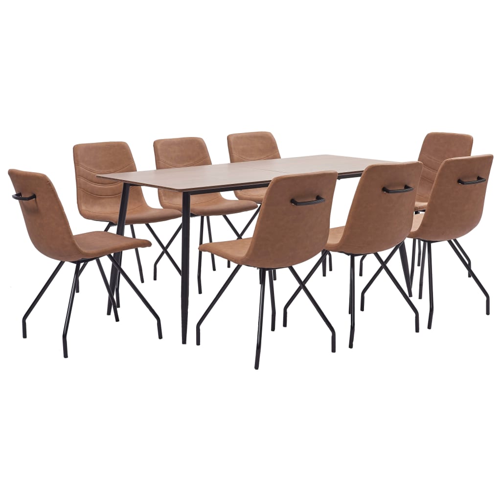 Set de 9 piese masa cu 8 scaune de bucatarie, vidaXL, Piele ecologica/MDF/Otel, 160 x 80 x 75 cm, Maro mat