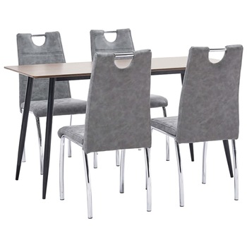 Set de 5 piese masa cu 4 scaune de bucatarie, vidaXL, Piele ecologica/MDF/Otel, 140 x 70 x 75cm, Gri inchis Set de 5 piese masa cu 4 scaune de bucatarie, vidaXL, Piele ecologica/MDF/Otel, 140 x 70 x 75cm, Gri inchis