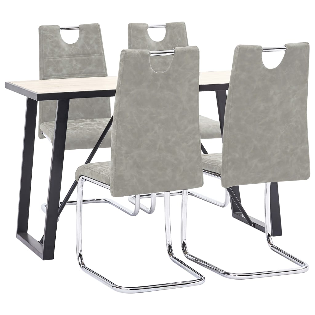 Set 5 piese masa cu 4 scaune consola de bucatarie, vidaXL, Lemn stejar/Piele artificiala/Otel, 120 x 60 x 75 cm, Gri deschis