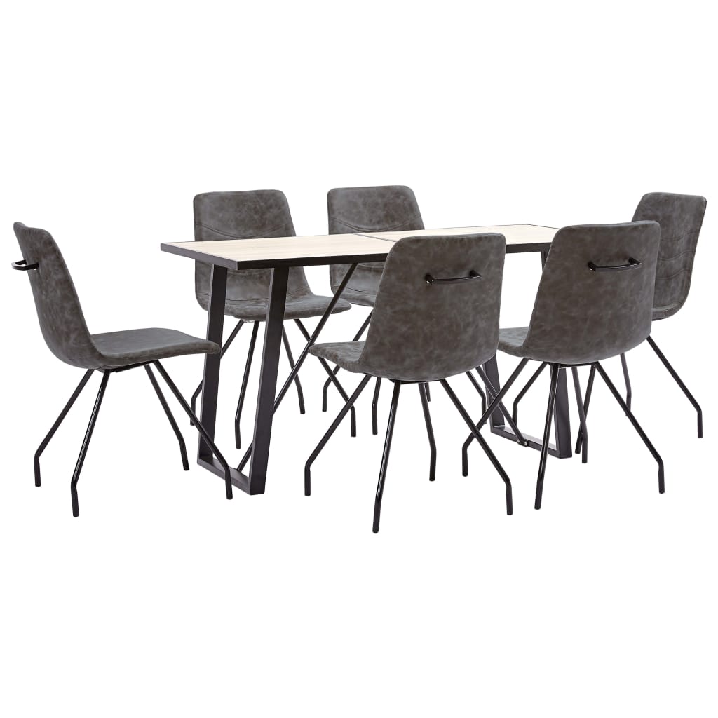 Set de 7 piese masa cu 6 scaune de bucatarie, vidaXL, Piele ecologica/Lemn stejar/Otel, 140 x 70 x 75cm, Maro