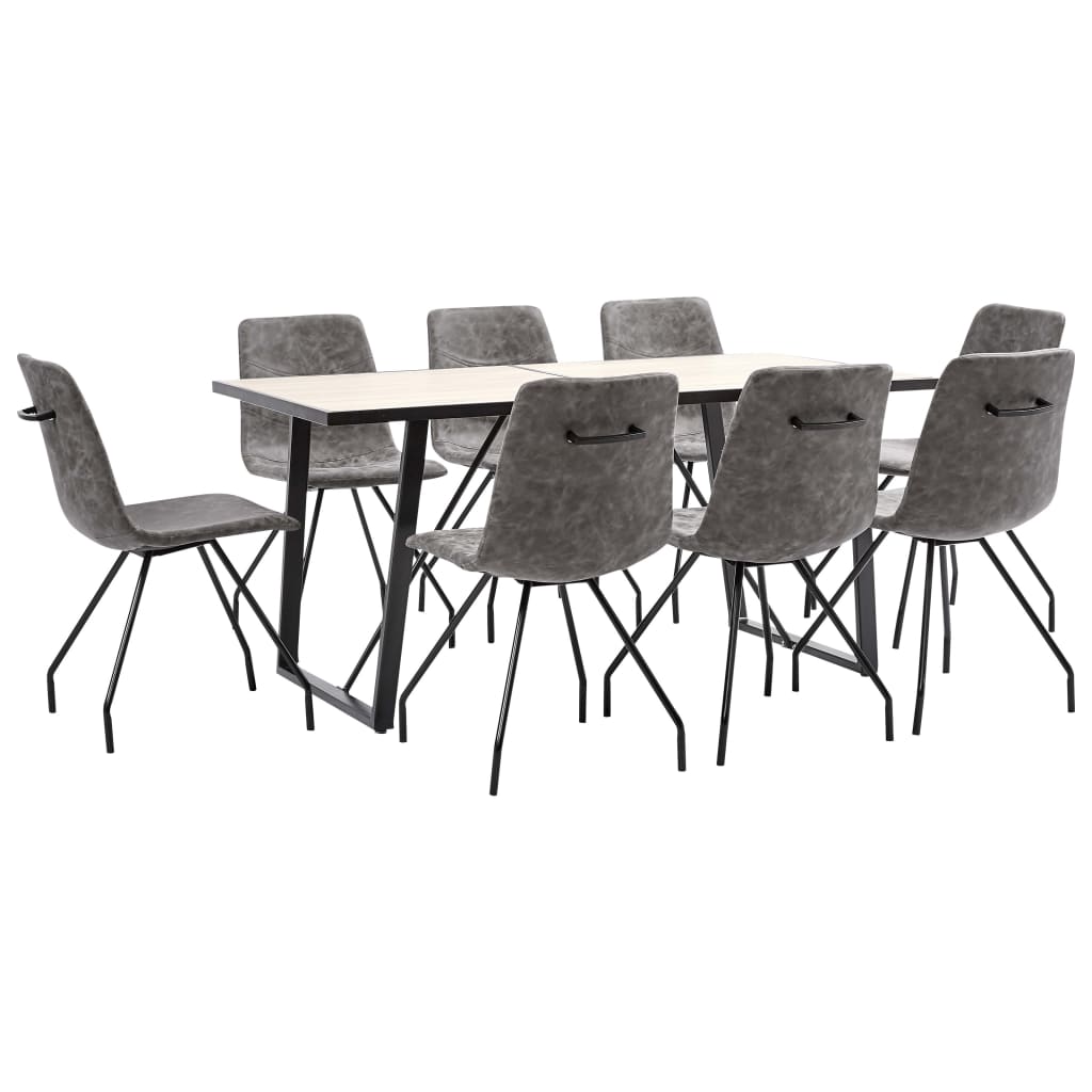 Set de 9 piese masa cu 8 scaune bucatarie, vidaXL, Piele ecologica/Lemn stejar/Otel, 160 x 80 x 75cm, Maro