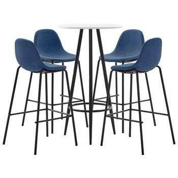Set mobilier de bar cu masa rotunda cu blat alb si 4 scaune tapitate inalte, vidaXL, Tesatura, 60 x 107.5 cm, Albastru Set mobilier de bar cu masa rotunda cu blat alb si 4 scaune tapitate inalte, vidaXL, Tesatura, 60 x 107.5 cm, Albastru