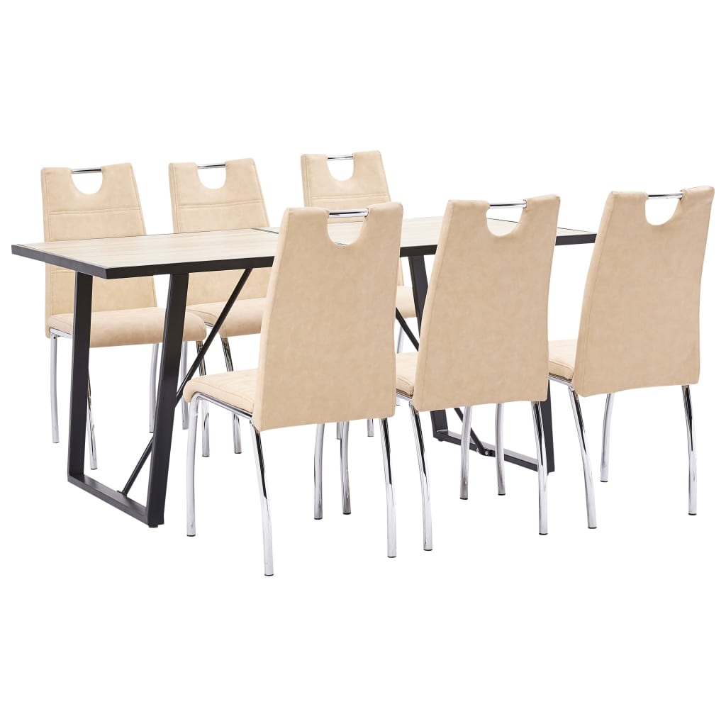 Set de 7 piese masa cu 6 scaune consola bucatarie, vidaXL, Piele ecologica/Lemn stejar/Otel, 160 x 80 x 75cm, Crem