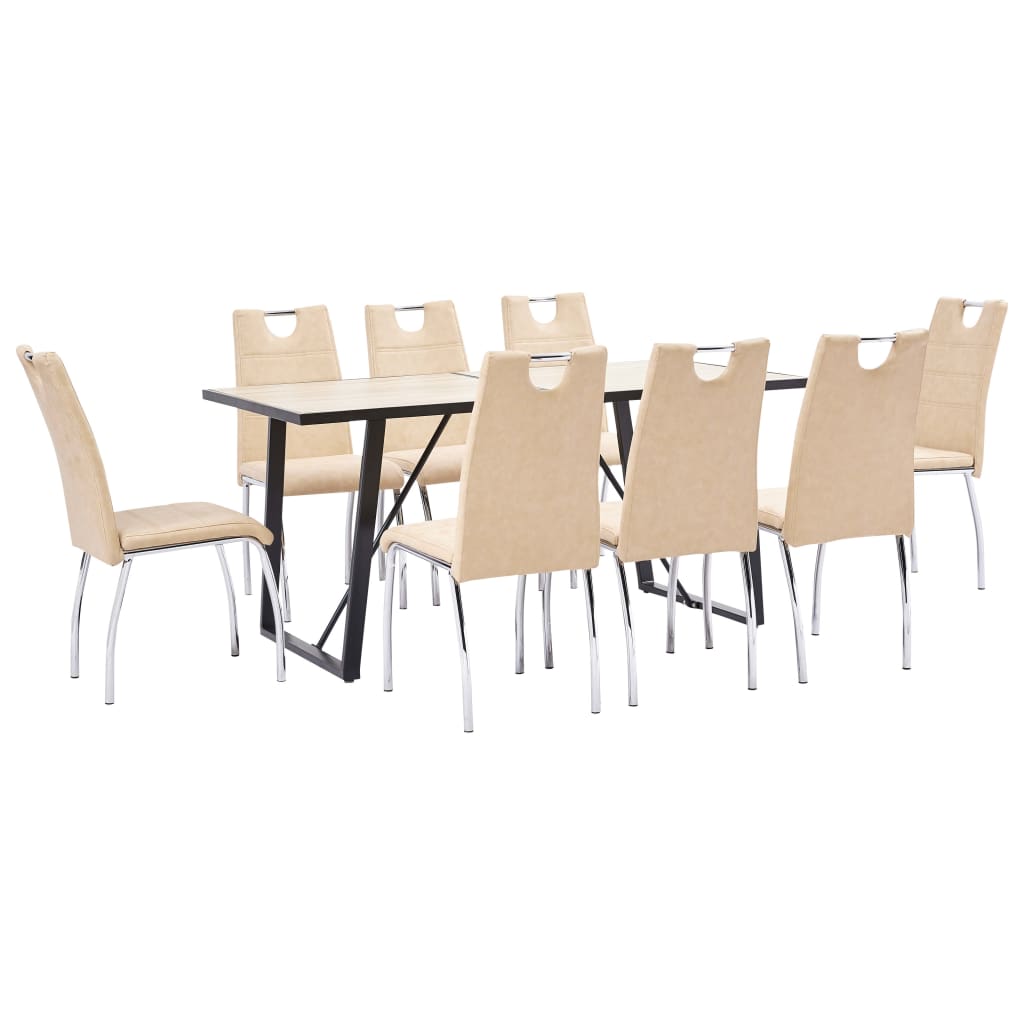 Set de 9 piese masa cu 8 scaune consola bucatarie, vidaXL, Piele ecologica/Lemn stejar/Otel, 160 x 80 x 75cm, Crem