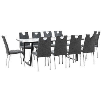 Set 11 piese masa cu 10 scaune de bucatarie, vidaXL, Sticla securizata/Piele artificiala/Otel, 200 x 100 x 75 cm, Negru/Alb model marmura Set 11 piese masa cu 10 scaune de bucatarie, vidaXL, Sticla securizata/Piele artificiala/Otel, 200 x 100 x 75 cm, Negru/Alb model marmura