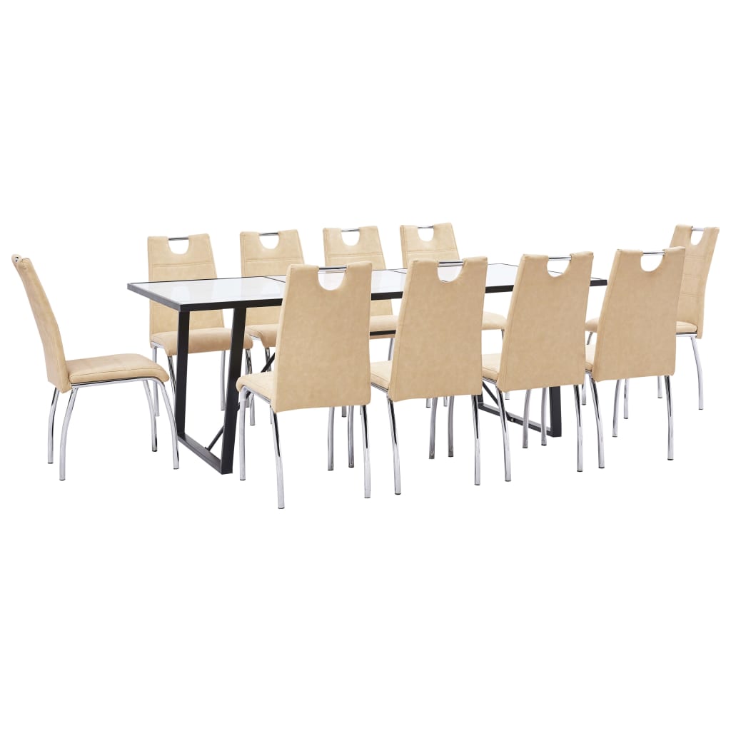 Set 11 piese masa cu 10 scaune de bucatarie, vidaXL, Sticla securizata/Piele artificiala/Otel, 200 x 100 x 75 cm, Crem/Alb model marmura