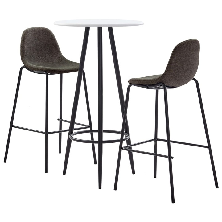Set mobilier de bar cu masa rotunda cu blat alb si 2 scaune tapitate inalte, vidaXL, Tesatura, 60 x 107.5cm, Gri