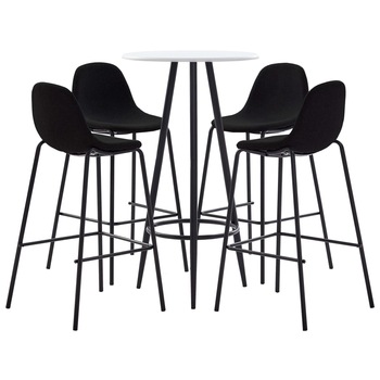 Set mobilier de bar cu masa rotunda cu blat alb si 4 scaune tapitate inalte, vidaXL, Tesatura, 60 x 107.5 cm, Negru Set mobilier de bar cu masa rotunda cu blat alb si 4 scaune tapitate inalte, vidaXL, Tesatura, 60 x 107.5 cm, Negru