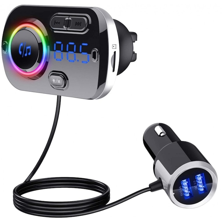 Bluetooth FM transzmitter, kihangosító, AUX bemenet, microSD kártya bemenet- 8 színű LED háttérvilágítással