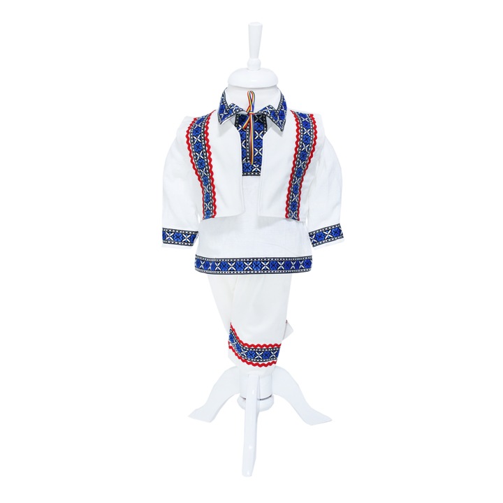 Costum popular pentru botez, alb-albastru cu motive traditionale, 4 piese, camasa, vesta, pantaloni, caciulita, pentru baieti, REC1188, 1-3 luni