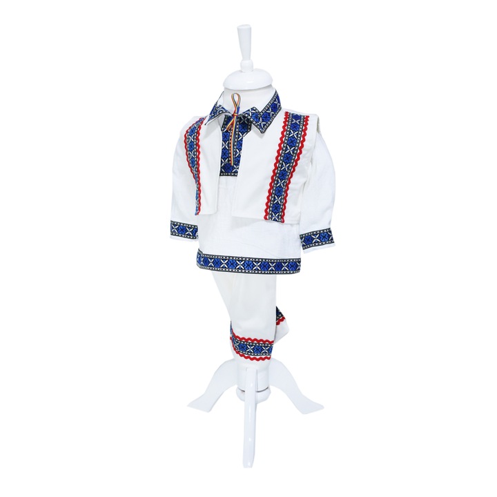Costum popular pentru botez, alb-albastru cu motive traditionale, 4 piese, camasa, vesta, pantaloni, caciulita, pentru baieti, REC1188, 1-3 luni
