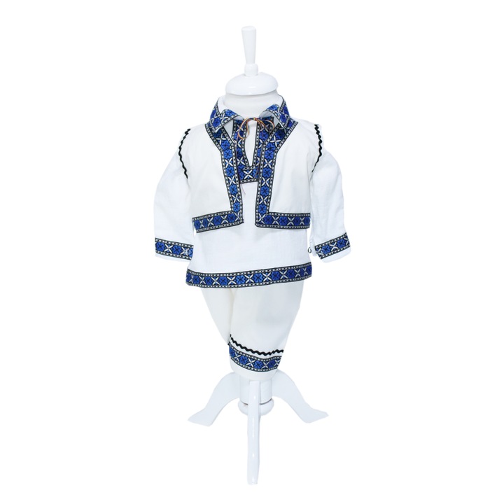 Costum popular pentru botez, alb-albastru cu motive traditionale, 4 piese, camasa, vesta, pantaloni, caciulita, pentru baieti, REC1189, 9-12 luni