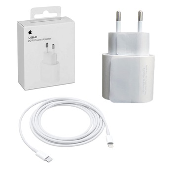 Set Incarcator Adaptor Apple iPhone USB-C 20W Serial Mark + Cablu Apple iPhone USB-C Lightning 1 m, Alb Set Incarcator Adaptor Apple iPhone USB-C 20W Serial Mark + Cablu Apple iPhone USB-C Lightning 1 m, Alb