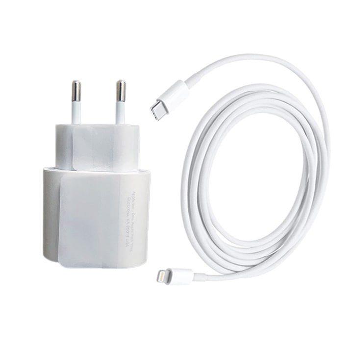 Комплект зарядно устройство, Apple, iPhone, Адаптер, Lightning кабел, USB-C, 20 W, Serial Mark+, 1 м, Бял