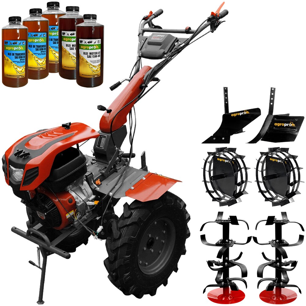 Set Motocultor Weima WM1100F-6, motor 16 CP, 6 viteze, latime lucru 135 cm, freze, roti cauciuc, reductor usor/greu, roti metal, rarita reglabila, plug arat, 5l ulei AgroPro