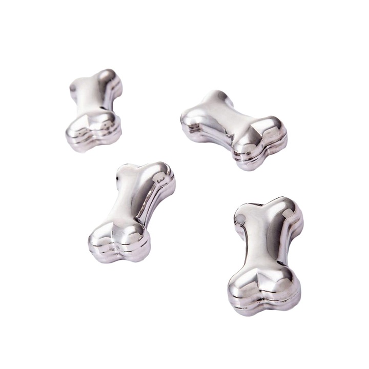 Комплект от 4 охладителни кубчета ColdBones от неръждаема стомана за охлаждане на напитки, дизайн на кости за многократна употреба, сребро, включена черна чанта, 5 см, Doty