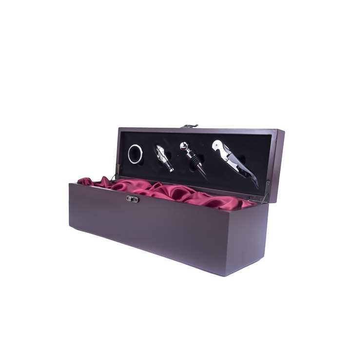 Duke'sGift elegáns ajándék szett, fa doboz borosüveghez és 4 boros kiegészítő, szatén belső, fém zár, piros/cseresznyefa, 36x11 cm, Doty