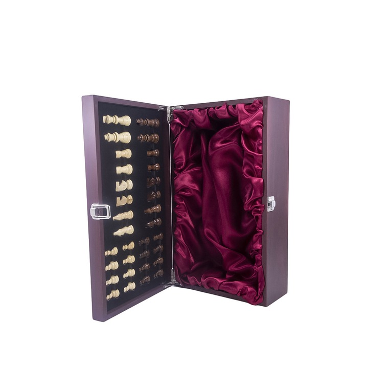 Doty Checkmate Bachus Elegáns ajándékkészlet, sakktábla fadoboz 2 üveg borhoz sakkfigurákkal, szatén belső, cseresznyefa, fém zár, 36 x 20 cm, sötét cseresznyepiros